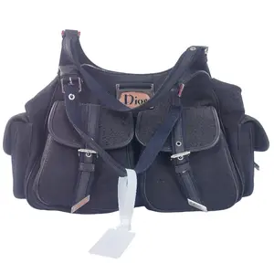 Pre-owned Dior leather handbag Christian black monogram canvas multi pocket shoulder bag with logo plaque. qg593