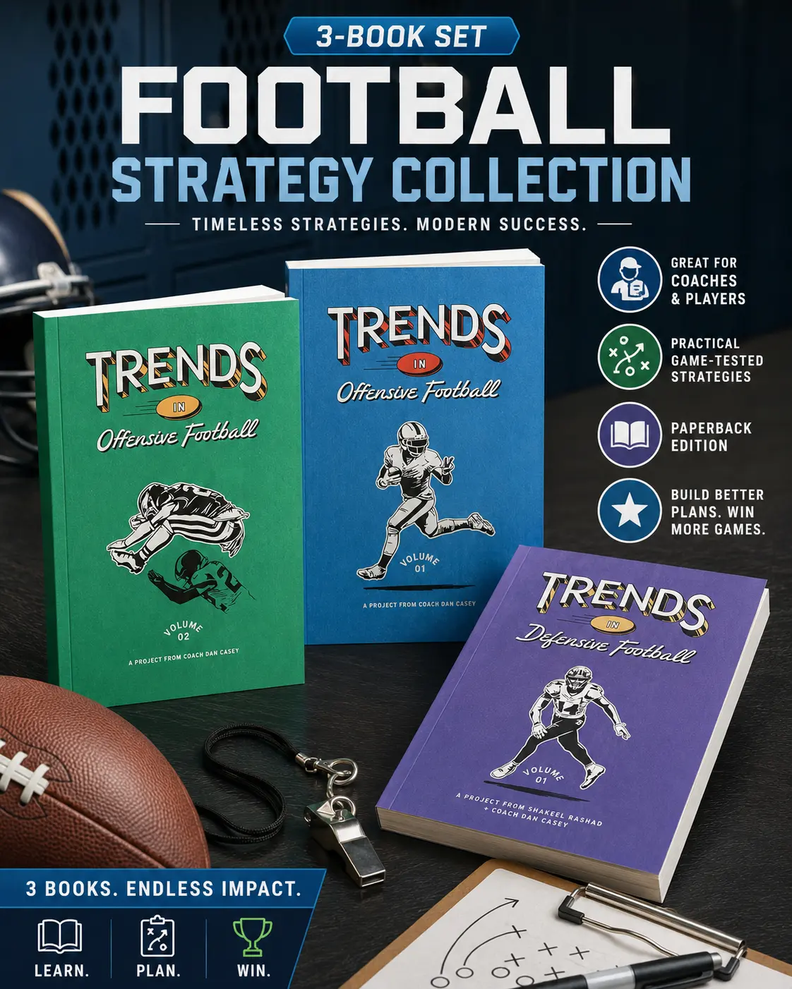 Trends in Football 3-Book Strategy Set, Offensive Football Volumes 1–2 & Defensive Football Volume 1, American Football Coaching Paperback Collection