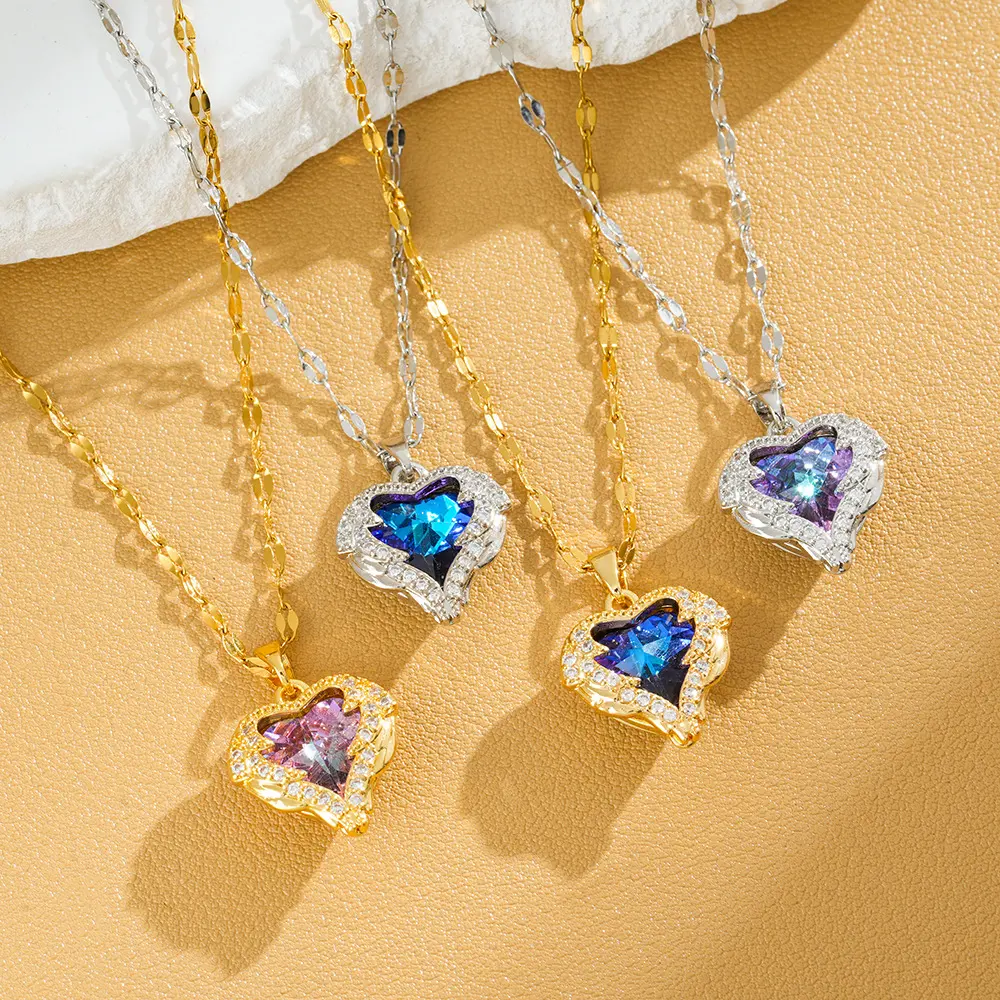Colorful Ocean Heart Titanium Steel Colored Necklace for Women - Korean Style Light Luxury Collarbone Chain, Exquisite Jewelry Gift for Girlfriends A10136-XL, Colored Necklaces