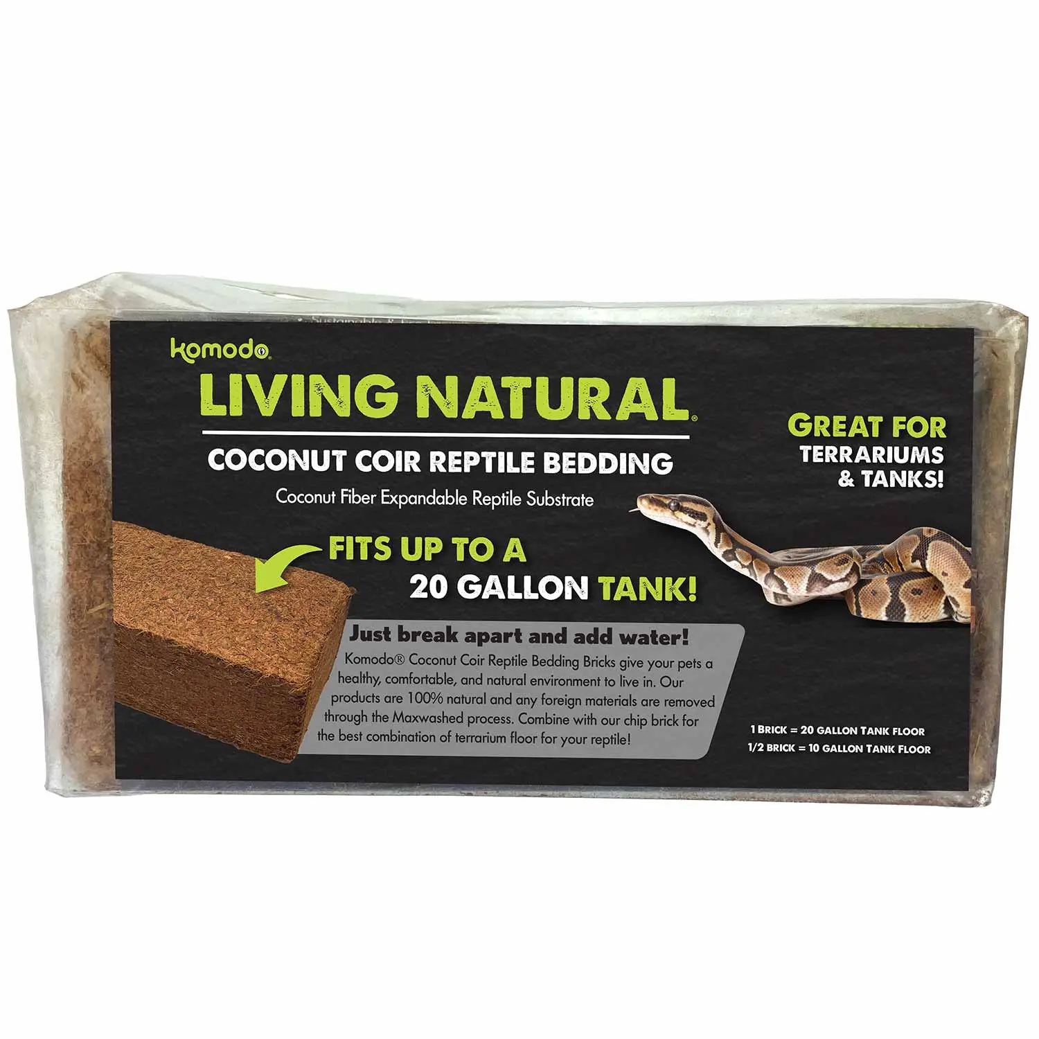 Komodo Natural Coconut Fiber Reptile Bedding - Absorbent, Expands Fast, Moisture Control, Easy Enclosure Maintenance, Excellent Coverage, Reduces Odor, Soft & Comfortable Surface, Reliable Habitat Support for Snakes/Lizards Terrariums & Tanks