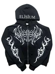 Elisium Opus 1 Zip Up Hoodie Midnight Black Cotton with Ornate White Embroidery and Silver Metal Zipper - Streetwear, Oversized Cropped Fit - Clothing