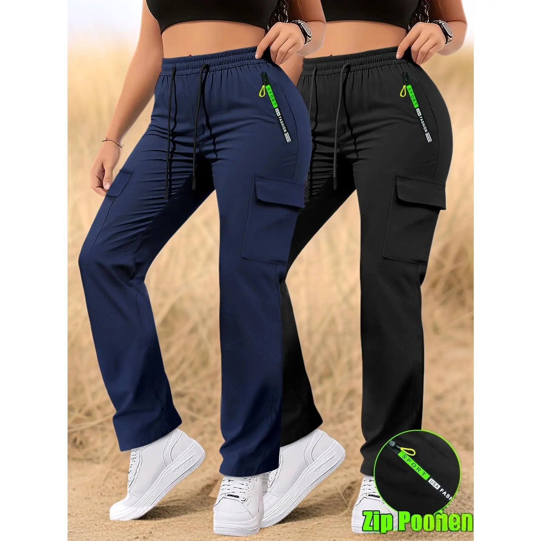 Women's 2-Piece Stretchy Slim-Cut Quick-Dry Cargo Drawstring Black Sporty Joggers - Non-See-Through, Breathable Yoga Workout Bottoms for Gym, Hiking