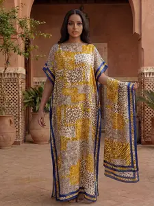 Women's Leopard Pattern Robe Set, Elegant Chic Long Dress + Headscarf Scarf Hairband, Beach Sun Protection Satin Silk Shawl