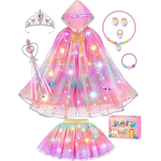 Halloween Fall Gift Princess Dress Up for Girls, Unicorn Light up Princess Cape Princess Dress Costume Crown Gift for Girls 3 4 5 6