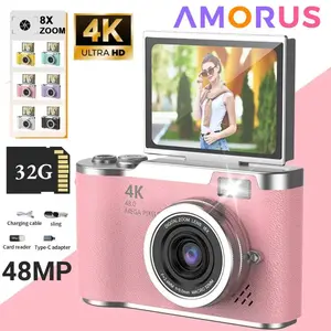 4K Digital Camera 48MP CMOS Sensor 8X Zoom 2.4-inch Flip Screen Selfie Camcorder with 32G Memory Card & Multi-Language Support Foldable Vlogging Camera 4K Digital Camera for Photography