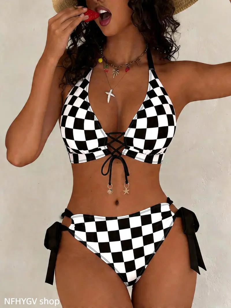 Plaid Print Women Two Piece Swimwear Adjustable Front Tie Structure Soft Comfortable Beach Outfit Simple Practical Bathing Suit for Seaside Vacation Pool Party And Daily Water Activity Wear