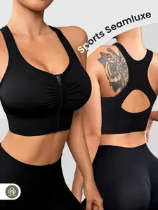 Seamless Women's High-Elasticity Sports Bra with Front Zipper I-Shaped Vest Style for Daily Running & Fitness in Black Athletic Fitted Compression Garment