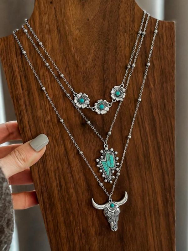 3 Pcs/set Women's Turquoise Western Cowboy Vintage Necklace Set, Multi-Element Pendant Jewelry Gift for Women & Girls, Party Style Accessories, Exquisite Jewelry Gift