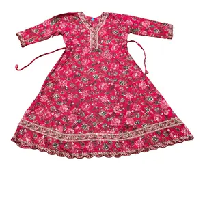 3 Piece Cotton Umbrella Set Sequin Work A-line Neck Design in Pink Floral Patterned Fabric with Sequins Casual Elegant