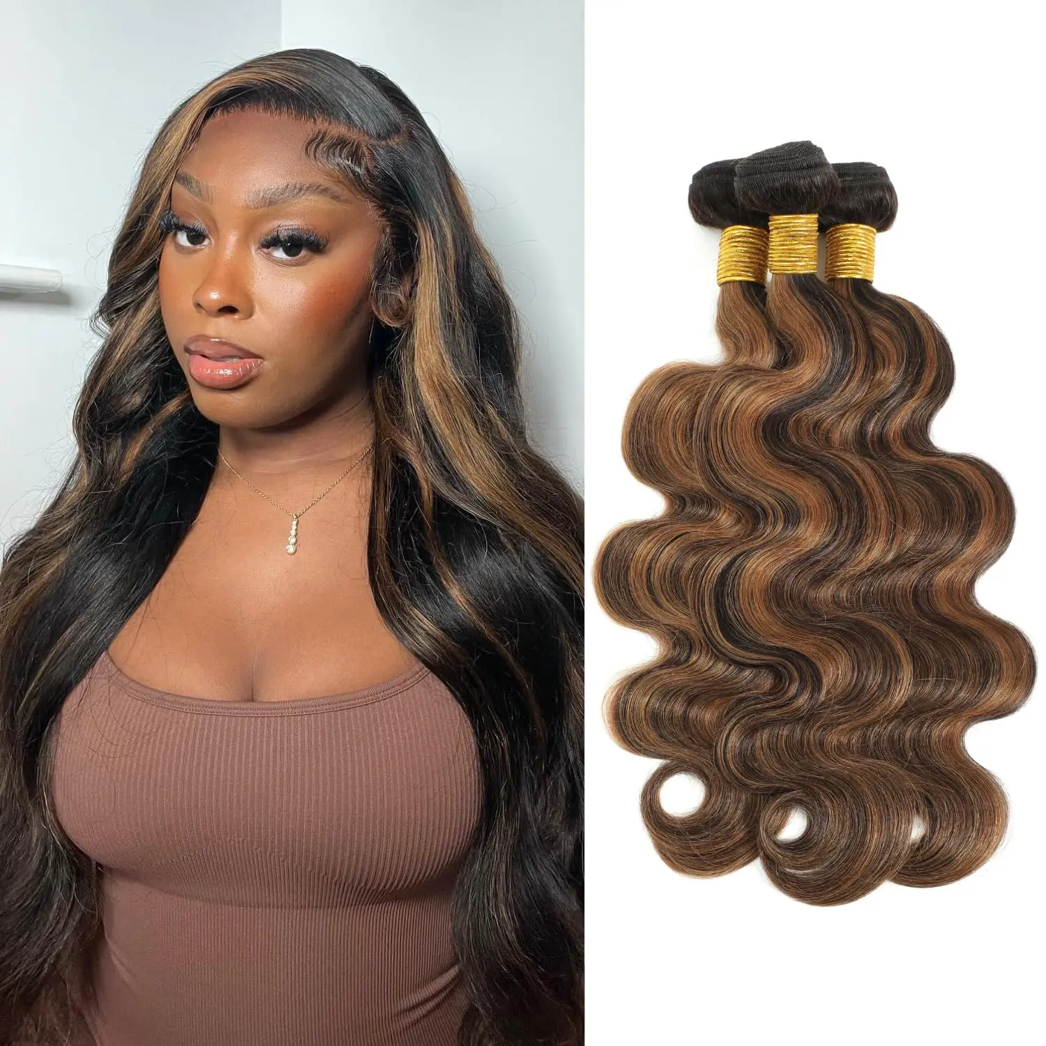 100% Brazilian Unprocessed Virgin Remy Human Hair F1b/30 Highlight Bundles, Modern Body Wave, Black-Brown Ombre, 12A Grade, 3 Sew-In Quick Weave Bundles, Soft & Thick, 14/16/18 in, Bonus Eyelashes & Headband, 100±2G Per Bundle