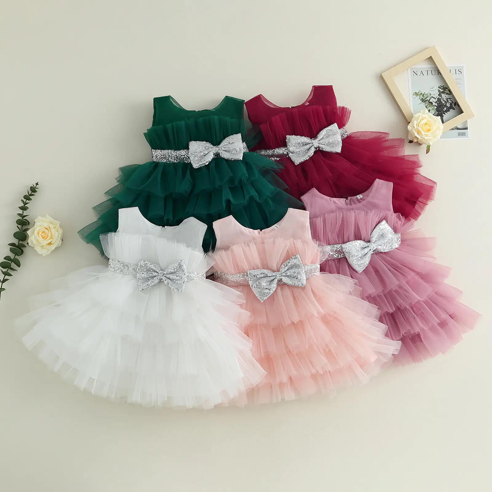Toddler Baby Girls Ball Gown Sleeveless Bow Mesh Tulle Tutu Princess Dresses Formal Birthday Wedding Party Dress