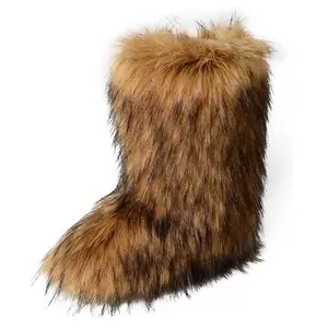 Women's Solid Color Faux Fur Boot, Fluffy Mid Calf Round Toe Ankle Snow Boots, Warm Comfortable Outdoor Flat Shoes for Cold Winter, Trending Shoes Brown