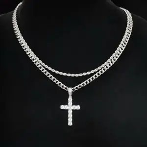 Hip Hop Twist Rhinestone Cross Necklace 50cm Stylish Shiny Limited Stock 60 Units Available Twisted Chain Pendant for Glamorous Outfits