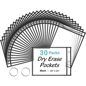 30 Packs   Dry Erase Pocket Sleeves with 2 Rings, Black 10x14 Ticket Holders, Clear Plastic Sheet Protectors, Teacher School Classroom Supplies