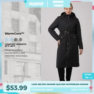PUFFIT WarmCore Premium Long Dimond Quilted Puffer With Adjustable Belt,Lightweight Diamond Pattern,Warm and Elegant,Adjustable Waist,Effortless Style,Versatile Elegance for Commuting