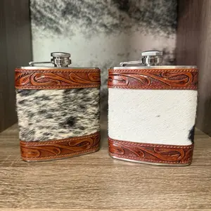 7oz Hair on Hide Tooled Leather Flask with Intricate Embossed Design and Durable Construction