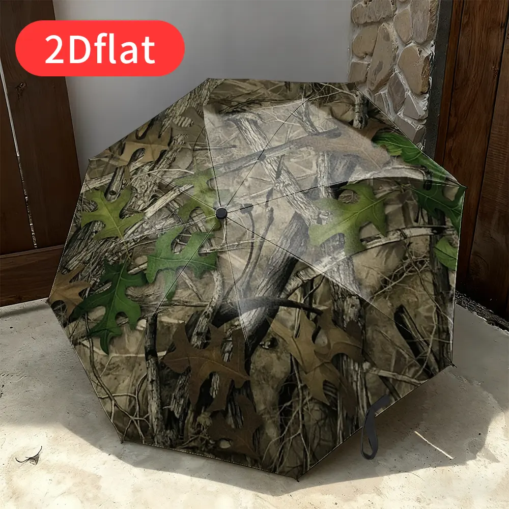 Automatic open-and-close folding umbrella with camouflage leaf and branch design – 8-rib sturdy frame, windproof, lightweight, compact travel umbrella featuring an ergonomic handle, durable plastic and steel