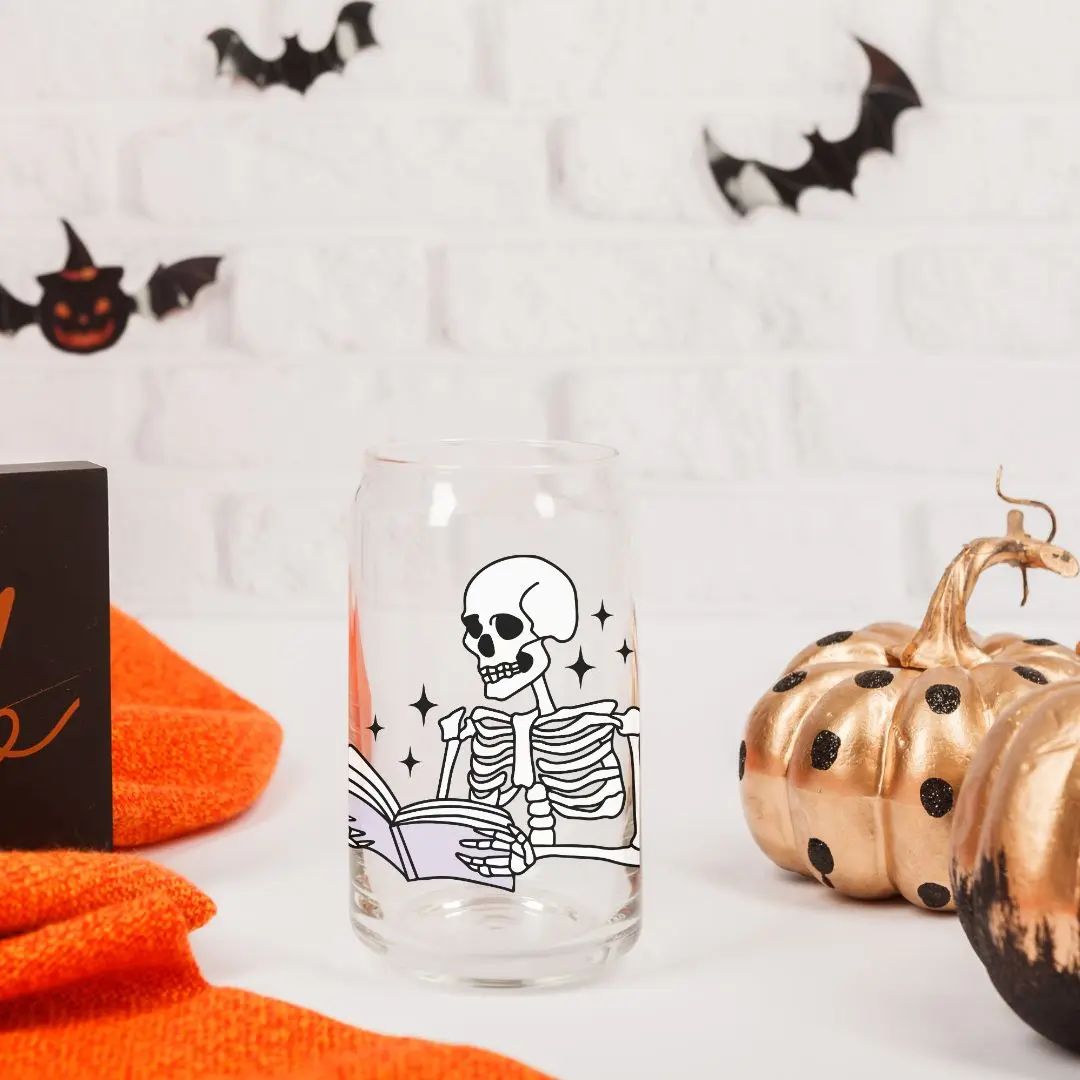 ON SALE NOW, Halloween Skeleton Glass Libbey, 8 oz Drinking Glass with Bamboo Lid and Glass Straw, Beer Glass Tumbler for Soda, Juice, Smoothies, Whiskey Iced Coffee, Cocktail, Tea, Drinkware Set cute glassware