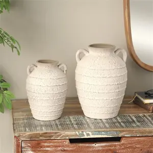 Cream Ceramic Textured Vase with Handles Set of 2
