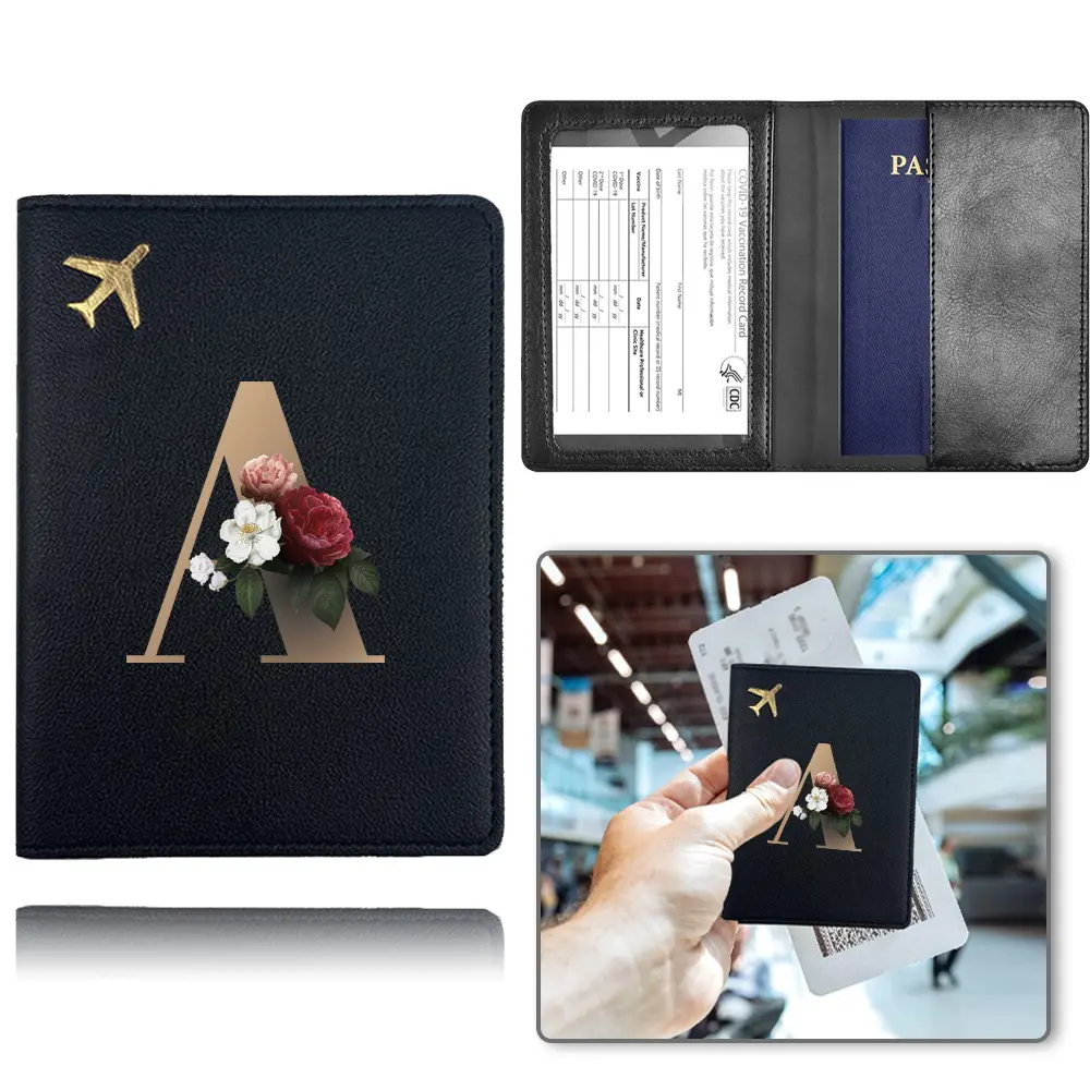 PU Passport Holder Durable Leather Cover with Waterproof Protection, Stylish Gold Letter Pattern Travel Accessory for Convenient Storage