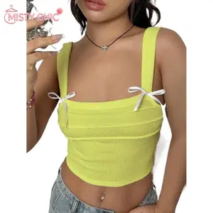 MISTY CHIC Y2K Bowknot Detail Crop Cami, Square Neck Wide Strap Tank Top, Slim Fit Sleeveless Style, Great For Casual Gatherings, Brunch Dates, Errands And Versatile Everyday Streetwear Outfits