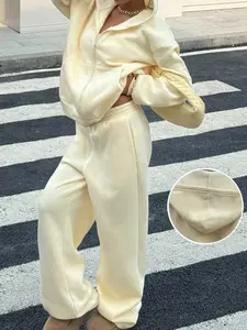 Women's Two-Piece Set, Casual Solid Color Hooded Sweatshirt and High Waist Pants, Long Sleeve Zipper Pocket, All Seasons Fashion