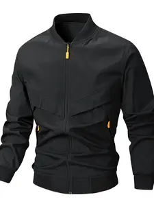 Cool Baseball Collar Jacket, Zipper Accent, Lightweight Windproof, Spring Fall Transition, Street Style, Daily Commute