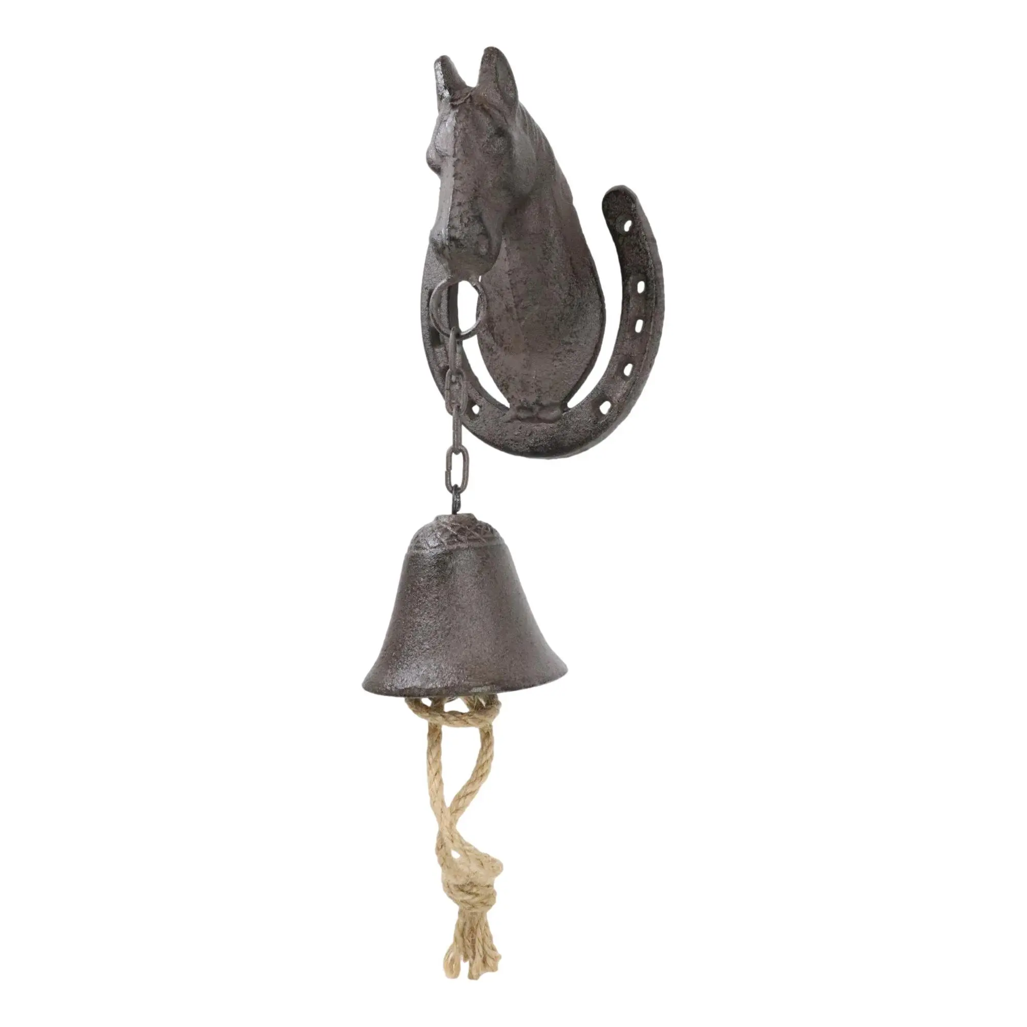 Rustic Aged Bronze Cast Iron Western Horse Head with Horseshoe Bell Home Decor Statue - 8 in Tall, 2.25 lbs, 4.25 in Deep, for Door, Wall Hanging, Dinner Area, Western Heritage Craftsmanship