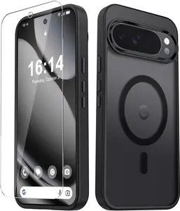 Matte Magnetic Case for Google Pixel 10 / 10 Pro – Shockproof Slim Cover with MagSafe Support & Screen Protector, Frosted Translucent Back (Black) YENAPOON