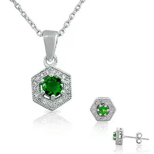 925 Sterling Silver Aquamarine-Tone Blue White CZ Hexahedron Round Pendant Necklace Stud Earrings Set