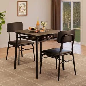 Dining Table Set for 2 – Square Table w/ Storage Rack – Metal Frame – 2 Upholstered Chairs – Brown – For Small Space, Apartment, Kitchen