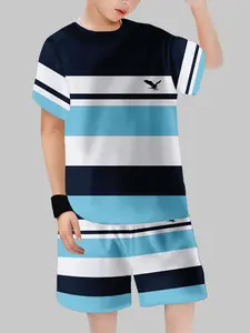 Boys' Blue Striped Set, Cartoon Pattern, Fitted Short Sleeve Shorts, Casual Sporty Style, Daily Wear Two-Piece