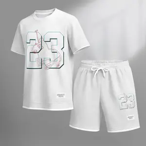 Men's No. 23 print drawstring shorts set for spring/summer, a casual summer outfit including a short-sleeved shirt and shorts, suitable for everyday wear and sports. A two-piece set for a relaxed and energetic lifestyle.