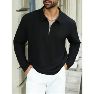 Men's Plus Size Knit Long Sleeve Casual Quarter Zip Polo Shirts, Zipper Polo Shirts, Men's 1/4 Half Zip Pullover Sweatshirts Long Sleeve Golf Shirts, Men's Spring Outfits & Fall Outfits Top