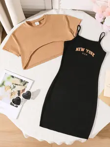 Girl's Plain Crop Tee & Letter Print Cami Dress Two-piece Set, Casual Round Neck Top & Sleeveless Dress for Summer, Kids Clothes for Daily Wear, Kids Outfit