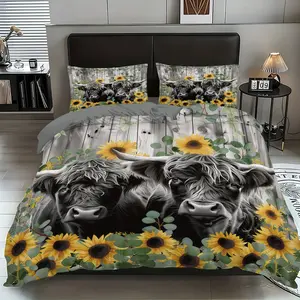 3-piece decorative bedding set (1 duvet cover + 2 pillowcases, no filling) featuring a farm-style sunflower and Highland cow print. Soft and comfortable, this set complements room decor, is suitable for all seasons, and makes a great gift.