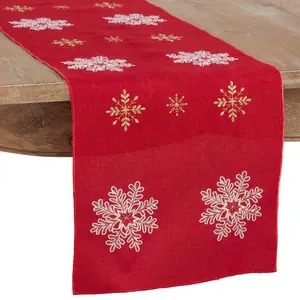212 MAIN Embroidered Snowflake Christmas Table Runner - 16x90 in Red, Festive Household Textile, Kitchen Linen for Holiday Gatherings, Room Decoration
