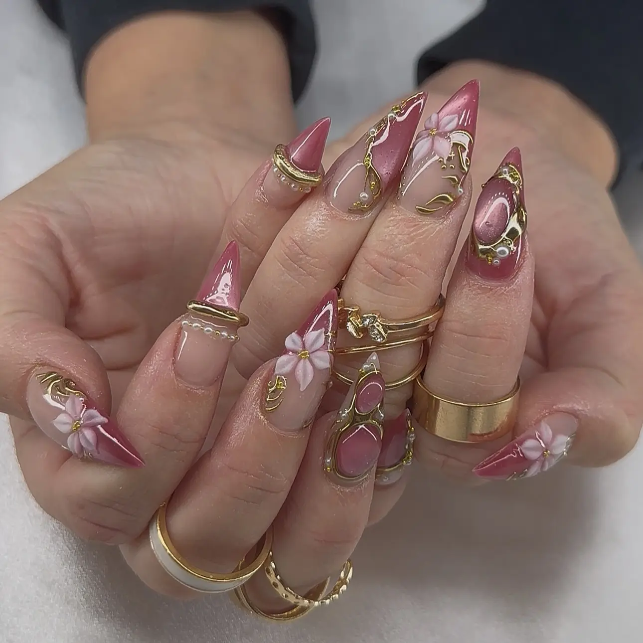 Luxury Rosé Pink Cat Eye Press On Nails with 3D Flower, Gold Chrome Swirl, Almond Stiletto Shape, Handmade Reusable Fake Nails for Women, Elegant Bridal Glam Nail Set
