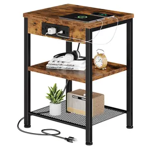 Small Side Table with Charging Station – 3-Tier Adjustable End Table with Outlets & USB Ports, Nightstand for Living Room Bedroom Small Spaces, Record Player Stand