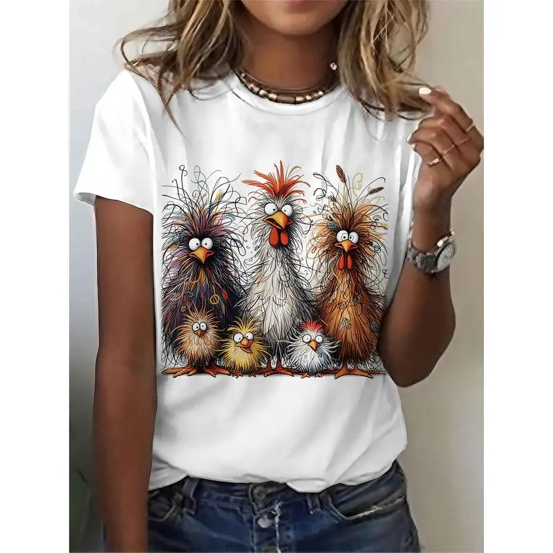 Women's Classic Digital Print Cartoon Chicken Round Neck Short-Sleeve T-Shirt - Elegant Casual Summer Sports Outerwear, Cute Women's Clothes Tshirt (Sports & Outdoor Clothing)
