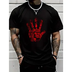 A T-shirt with a red handprint pattern of Native Americans. It's a short-sleeved round-neck casual top suitable for all seasons and can be worn by both men and women.