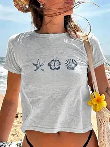 women's light grey shell starfish print loose fit t shirt