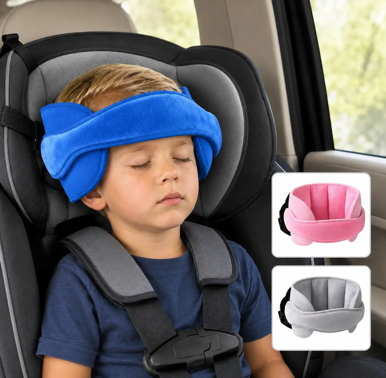 Kids Car Seat Head Support Strap, Soft Plush Adjustable Nap Support Band with Padded Side Cushions, Portable Travel Headrest Accessory for Toddlers and Children, Blue Pink Gray