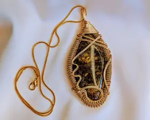 Pietersite Necklace Pendant with Vibrant Large Cabochon in Gold-Plated Copper Wire Wrap and Sleek Snake Chain for Elegance and Durability