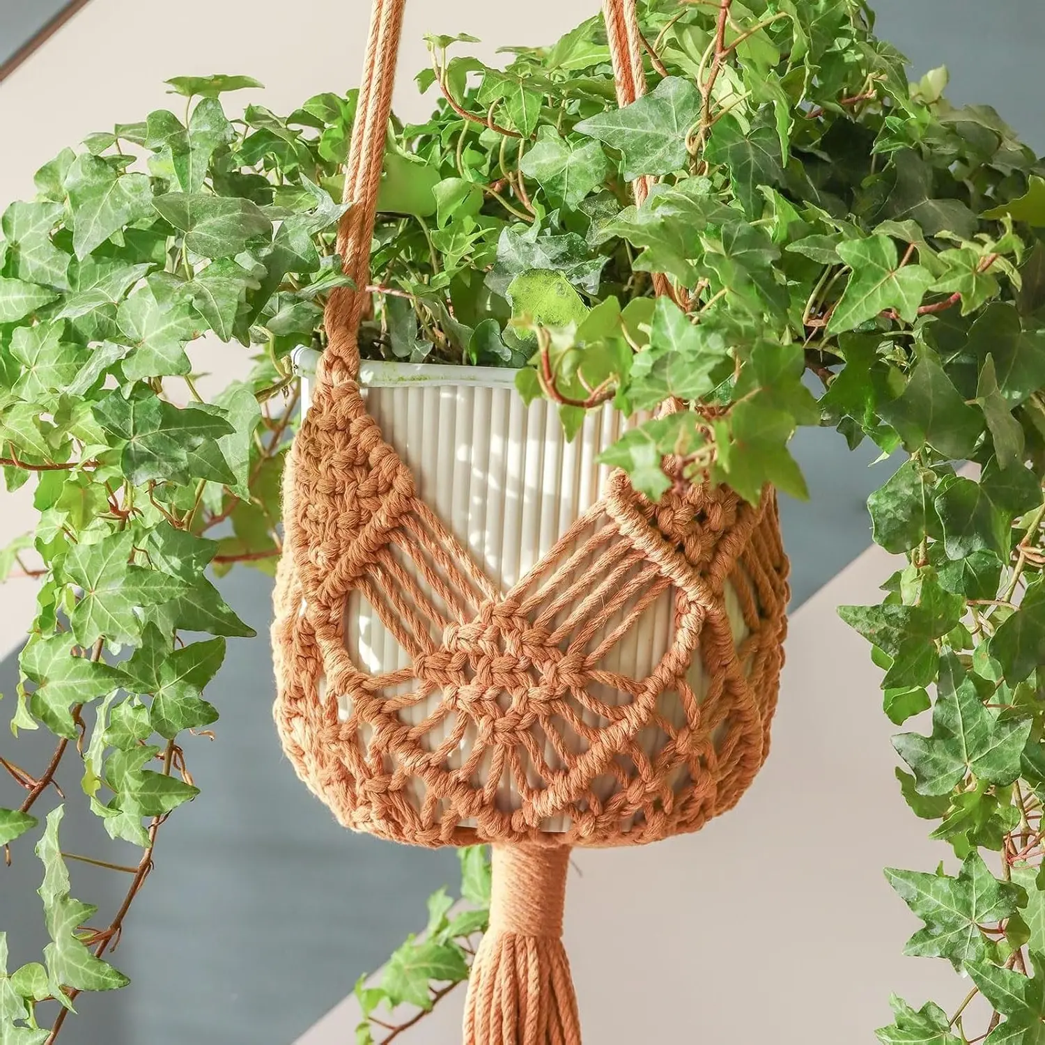 Hanging Planter with Patterns, 2 Packs Macrame Plant Hangers Indoor for up to 8 inch Pot Crochet Boho Plant Hanger Holder for Indoor Outdoor with 2 S Shaped Stainless Steel Hooks (Caramel)