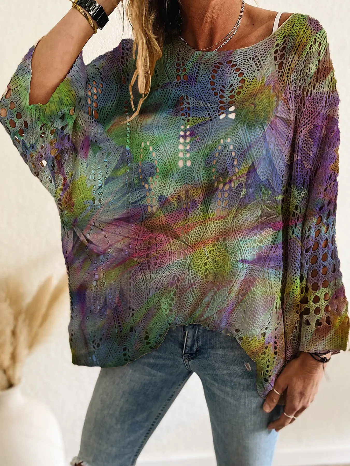 Spring Summer Women's Knit Top Blouses, One Shoulder Hollow Out Batwing Sleeve, Colorblock Geometric Print Long Sleeve, Casual Elegance, Boho Style Shirt