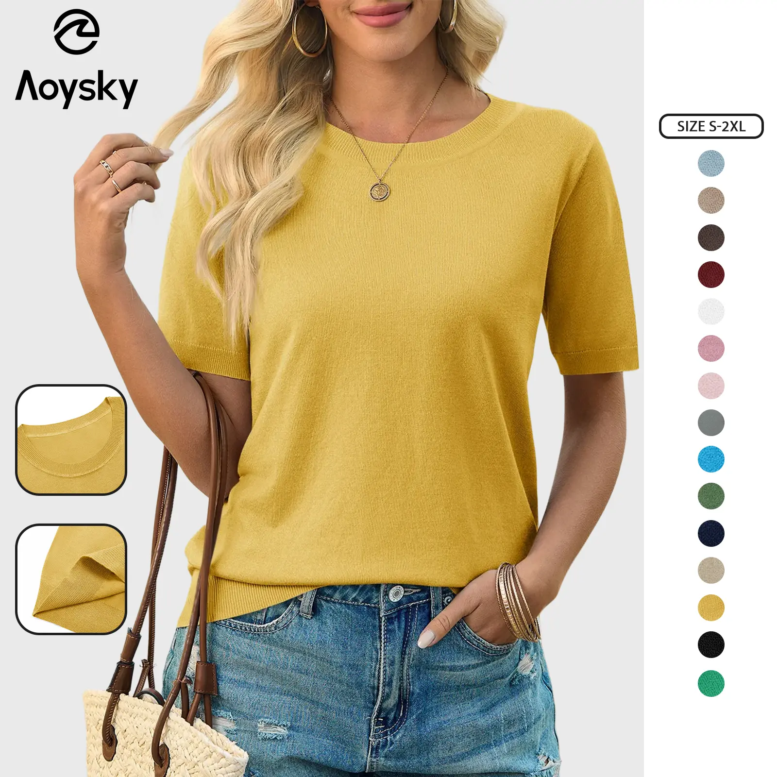 Aoysky Women's Basic Fitted Shortsleeve Polyamide Knitwear - Crew Neck Pullover Top for Casual & Dressy Occasions, Casual Women's Knitwear, Tops For Women, Fitted Women's Pullovers