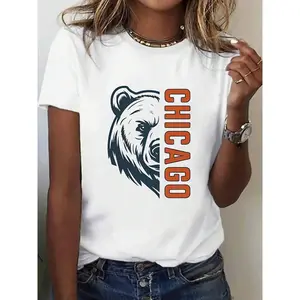 1pc, 100%, Chicago And Bear Print T-Shirt, Seasonal Casual Women'S T-Shirt, Round Neck Pure Short Sleeved T-Shirt, Outdoor Sports, Holiday Gift