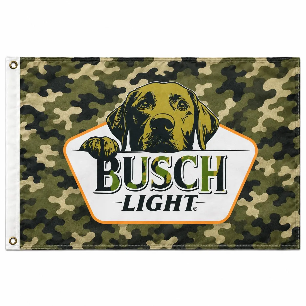 Busch Hunting Dog Camo Flag, Labrador Retriever Banner with Camouflage Background, Rustic Outdoor Bar Decor for Garage, Man Cave, Cabin, Hunting Lodge or Patio