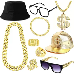80s 90s Rapper Costume Kit for Men Hip Hop Accessories Fake Gold Chain Money Sign Necklace Hip Hop Rapper Costume Jewelry Rings Hats